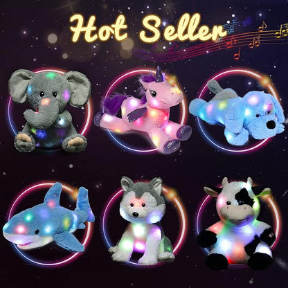 Hopearl LED Musical Stuffed Kitty Lighting Up Singing Plush Cat Adjustable Volume Lullaby Animated Soothe Birthday Gifts for Kids Toddler Girls, Grey, 13.5''