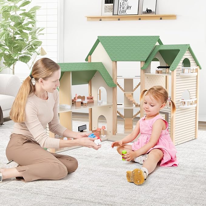 GLACER Wooden Dollhouse, Pretend House w/ 6 Rooms, 3 Storytelling, Ample Accessories, Stair & Door, Ideal Gift for Kids 3+ Years Old
