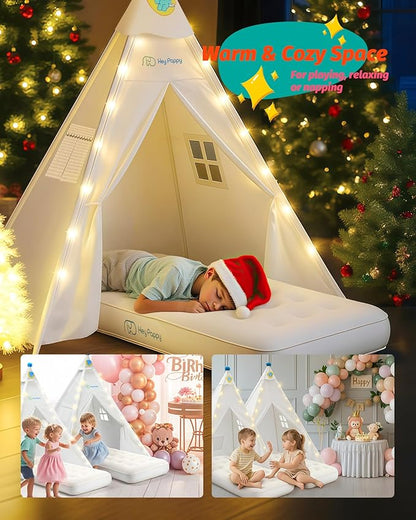 3 Pack Teepee Tent for Kids with Inflatable Airbed, Light, Toddler Tent Children Room Tents, Slumber Party Sleepover Tents, Indoor Outdoor Kids Playtent Playhouse for Girls & Boys