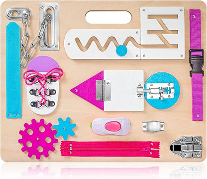 Montessori Busy Board for Toddlers, Wooden Sensory Toys, Kids 1-3 Travel Toy, Preschool Learning Activities for Fine Motor Skills, Basic Life Skills Educational Gifts for 1 2 3 Years Old Girls (Pink)