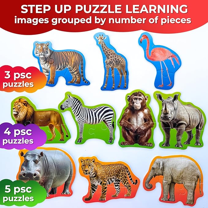 QUOKKA Toddler Puzzles Ages 2-4 - Large Floor Puzzles for Kids 3-5 - 8 Realistic Animal Shapes | Extra Thick Cardboard | Preschool Learning Game - 40 Big Piece Gift for Toddlers 1-3 Years Old