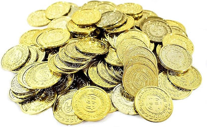 TCOTBE Pirate Gold Coins Plastic Set of 100,Play Gold Treasure Coins for Play Favor Party Supplies, Pirate Party, Treasure Hunt Game and Party Favors
