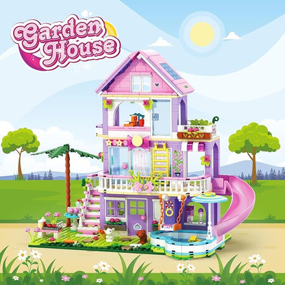 Girls Building Blocks Set,689pcs Garden Villa House Building Block for Kids 6-12 and 8-14,Holiday Cottage Bricks Kit, Building Toy Xmas Birthday Gift for Girls Kids 6 7 8 9 10 11 12 13 14