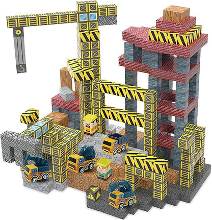 Magnetic Construction Building Blocks Set, 136PCS Tile with 4 Toy Trucks, Education STEM Consrtuction Site Theme Toy for Age 3-5, 6 7 8 9 10 (Construction Set)