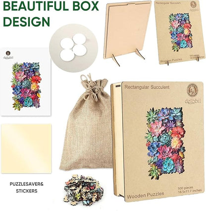 delobil Rectangular Succulent Wooden Puzzles,500 Pieces Jigsaw Puzzles 18.5'' x11.7'', Unique Design Liberty Wooden Puzzles for Adults and Kids, Family Game Gift Royal Size
