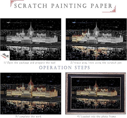 Scratch Rainbow Painting Art Paper,Scratch Art Crafts Set for Adults&Kids,Scratch Painting DIY Creative Gift with 4 Tools,16''x11''(Neuschwanstein Castle&Budapest)