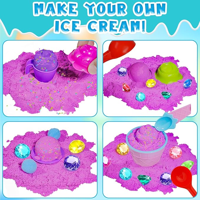 Bbiamsleep Ice Cream Sensory Bin, 61 Pcs Ice Cream Sensory Bin Fillers with Color Sand 11 Mould 9 Tools for Birthday Party