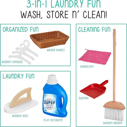 Lil’ Jumbl Kids Washer and Dryer Playset, Wooden Children's Pretend Laundry Set, Includes Broom, Dustpan, Iron, Hangers & Basket, Realistic Laundry Room for Kids - Natural
