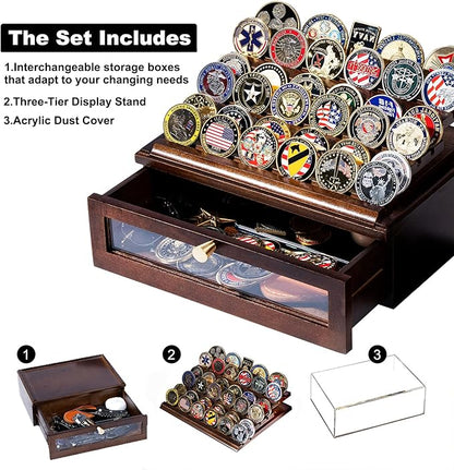 Premium Challenge Coin Display Case for 100 Coins - 360° View & Interchangeable Panels - Military, Police, Fire Fighter Gift for Retirement, Promotion