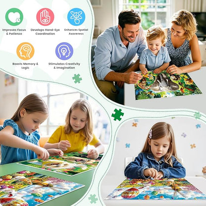 3-Pack 100 Piece Puzzles for Kids,Dogs Rabbits Animals Puzzle for Kids Age 4-6 6-8 8-10,Unique Large Piece Jigsaw Puzzle,Recycled Paper,Bright & Colorful Educational Puzzle,Great Gift for Boys Girls