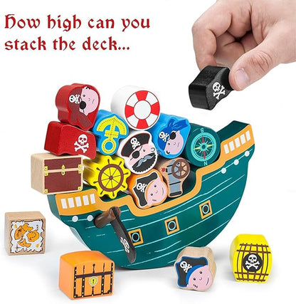 Imagination Generation Wooden Wonders Balancing Playset | Develops Dexterity, Motor Skills, Sharing Skills | Safe Wood & Paint | 18 PC Pirate Boat Playset