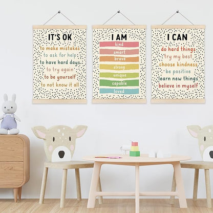 Koesus Inspirational Classroom Wall Art Poster Hanger Frame 12x16 Inch Set of 3, Motivational Canvas Pictures Prints Framed Wall Decor for Classroom Kids Room Playroom, Positive Affirmations for Kids