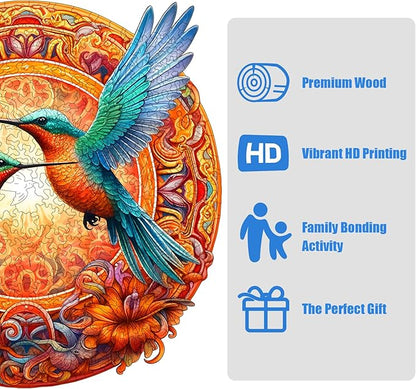 Wooden Jigsaw Puzzle 500 Pieces for Adults - Circular Hummingbird Art Puzzle with Vibrant Floral Background, Challenging Family Leisure Game, Unique Home Decor & Gift Idea