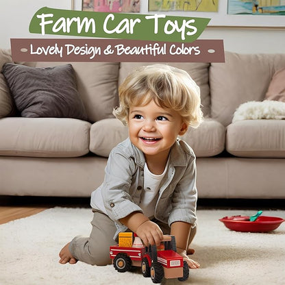 Wooden Tractor Toys for Toddlers 1-3, Baby Vehicle Toys Hand Push Car Toys for 1 2 3 Year Old Boys Girls (Red)