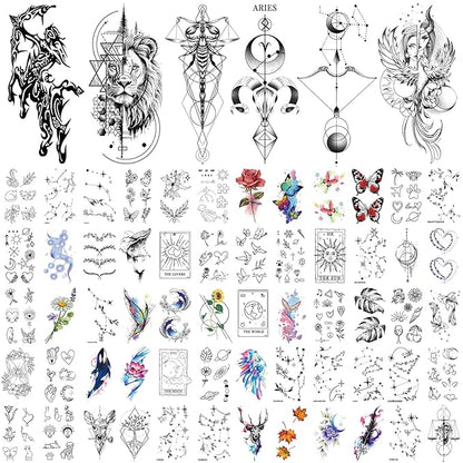 77 Sheets Temporary Tattoo, 17 Sheets Half Arm Lion Owl Antelope Rose Butterfly Constellation Chest Tattoos for Adults Men Women, 60 Sheets Small Tattoos Stickers for Boys Girls Kids Body Art Design