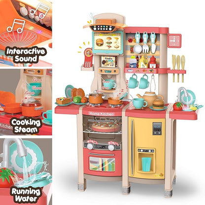 SANDINRAYLI Kids Kitchen Playset,65Pcs Play Kitchen Sets for Kids Ages 4-8, Large Play Kitchen for Toddlers 3-5, Kitchen Toys with Running Water, Plastic Pretend Kitchen for Girl & Boy, Pink