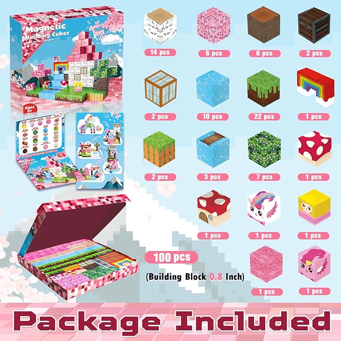 Magnetic Blocks - 100PCS Building Blocks Unicorn Cubes - Toys for Montessori Toddler Christmas Birthday Gifts - STEM Sensory Toys for 3 4 9 10 Year Old Girl
