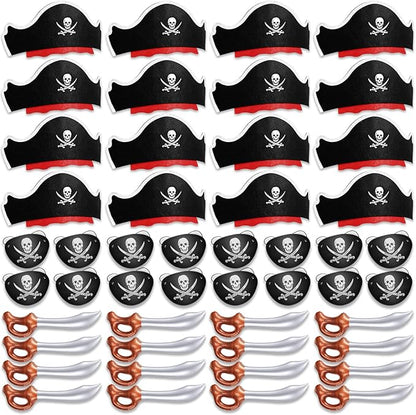 Legigo 48 Pcs Funny Pirate Party Set- Include 16 Pirate Hats, 16 Eye Patches, 16 Inflatable Swords for Pirate Party Cosplay Caribbean Dress Accessories