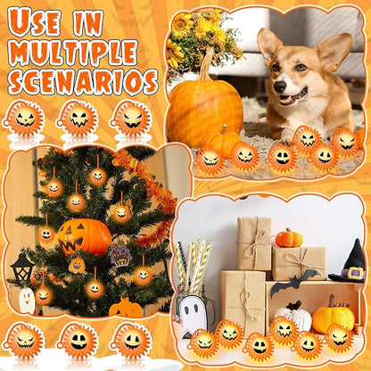 Sotiff 60 Pcs LED Halloween Pumpkin Stress Bouncy Light up Balls Spiky Squeaky Rubber Sensory Ball for Halloween Holiday Decors Gift Bag Stuffers Party Favor Fillers