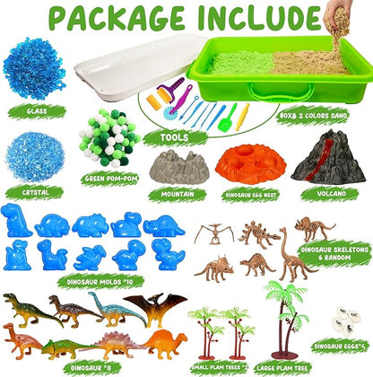 Bbiamsleep Dinosaur Sensory Bin, 147 Pcs Dinosaurs Sand Kit with Sandbox 2.2 lbs Color Sensory Sand 10 Dinosaur Mould 9 Tools Dinosaur Sensory Bin Fillers for Birthday Party