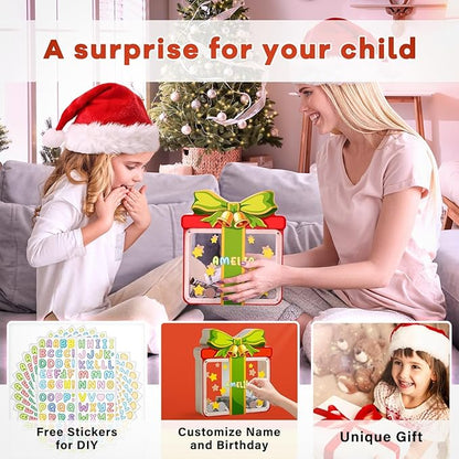Wooden Christmas Piggy Bank for Kids, Gift Box Piggy Bank with Acrylic Panels, Unbreakable Toddler Money Box for Boys Girls, DIY Kids Safe Coin Bank with Letter Sticker