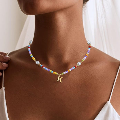Colorful Initial Necklace for Girls Kids Women, Handmade 14K Gold Plated Colorful Initial A-Z Letter Necklace Teen Girls Gifts Trendy Stuff Birthday Gifts for 5 6 7 8 9 10 11 Year Old Girl Gift