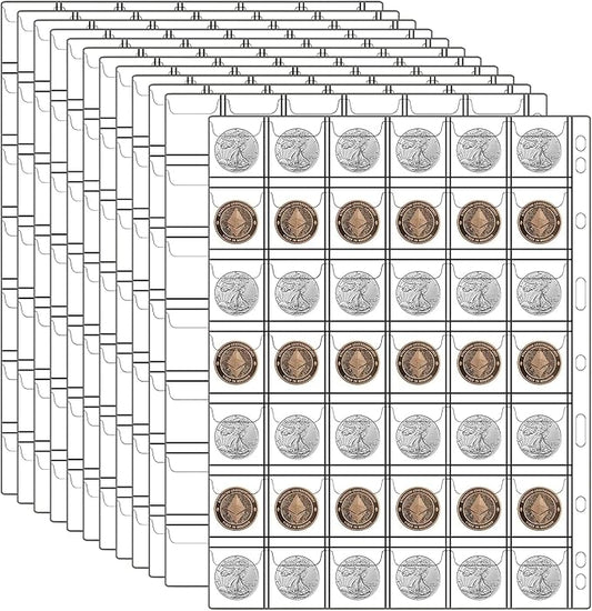 12 Sheets Coin Collection Supplies Pages, Collecting Book Album Protectors Sleeves with Standard 9 Hole for Coin Binder, Currency Holder Storage for Pennies, Quarters Stamp (42 Pocket per Sheet)