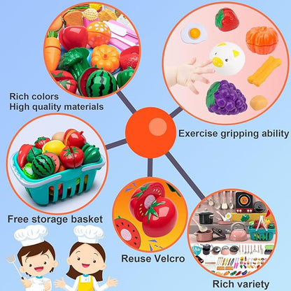 108Pcs Kids Kitchen Toy Accessories, Toddler Pretend BBQ Camping Cooking Playset, Utensils Cookware Toys, Play Food Set, Toy Vegetables, Learning Gift for Girls Boys