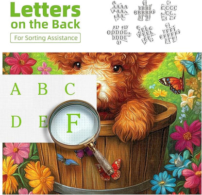 Highland Cow Puzzles for Adults 500 Pieces, Cute Animal Butterfly Flowers 500 Piece Puzzles for Adults, Difficult Challenging Unique Funny Family Jigsaw Puzzle, 20x20 Inch