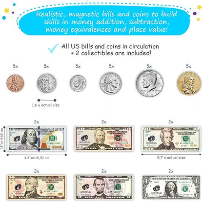 Simply magic 67 PCS Play Money for Teaching - Magnetic Money for Classroom Activity Set, Pretend Play Money Magnets for Kids, Money Manipulatives & Games, Toy Toddler Money, Learning Coins, Bills