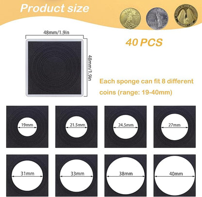 40 Pcs Clear Coin Collection Holders with Sponges 43mm Coin Capsules Morgan Silver Dollar Coin Snap Holder Protectors for Collectors (8 Adjustable Diameters: 19/21.5/24.5/27/31/33/38/40mm) (40)