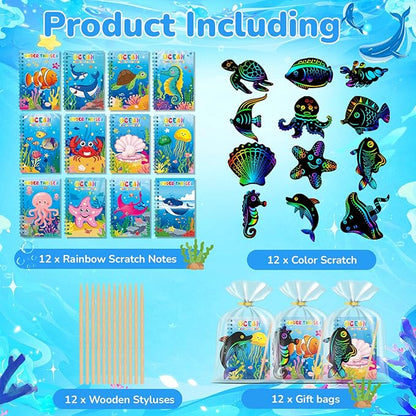 12 Pack Under the Sea Scratch Art Party Favors for Kids - Rainbow Scratch Paper with Ocean Animals Scratch Off Cards Easter Birthday Goodie Bags Stuffers - Return Gifts DIY Classroom Prizes