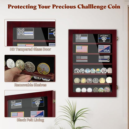 Military Challenge Coin Display Case 6 Rows Wooden Army Coin Holder with HD Tempered Glass Lockable Coin Wall Dsplay Box with Removable Shelves, Red
