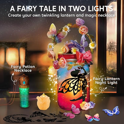 Klever Kits DIY Fairy Lantern Craft Kit with Rose Lights and String Lights - Birthday Gifts with 7 Color Fairy Potion Necklace, DIY Night Light Arts and Crafts for Girls Age 8+