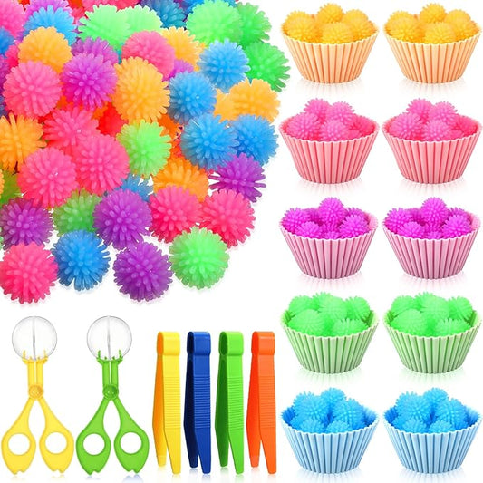 91 Pcs Fine Motor Skill Toys Include 75 Spiky Hedge Balls, 2 Scissors Clips, 4 Plastic Tweezers, 10 Assorted Colors Sorting Silicone Cups for Early Education Counting Skill Training