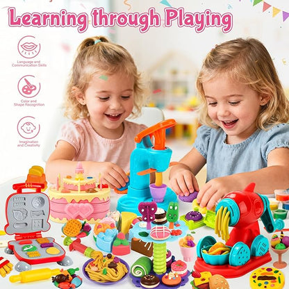 99 PCS 5 in 1 Dough Sets for Kids Ages 3-4-8, Art Crafts Dough Tools Kit, Ice Cream Playset Noodle Hamburger Cake Maker Machine, Dessert Rack, Kitchen Creations Food Play Toys Toddlers Boys Girls
