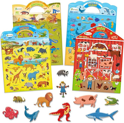 D-FantiX 3D Puffy Stickers for Kids Ages 4-8, Reusable Sticker Books for Toddlers 2-4 Years, Farm Dinosaur Ocean Safari, Car Road Trip Activities, Airplane Travel Toys, Birthday Gifts for Boys Girls