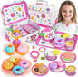 Kids Tea Party Set for Little Girls, Flower Toy Tin Tea Set with Carry Case, Dessert Play Food Tea Cup Set Teapot Girl Jewelry, Birthday for Girls Kids 3 4 5 6 7 Years Old