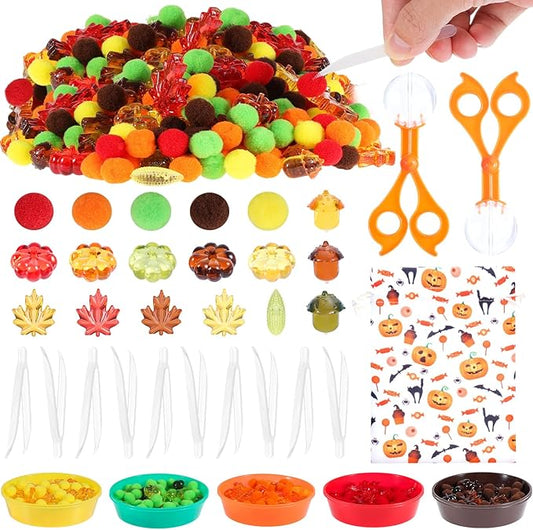 344 Pcs Fall Sensory Bin Filler Fine Motor Toys Counting Sorting Sensory Bins Pom Poms Pumpkins Acorns Maple Leaves Corn Sorting Cups Tweezers Clips Storage Bags for Fall Festival Games