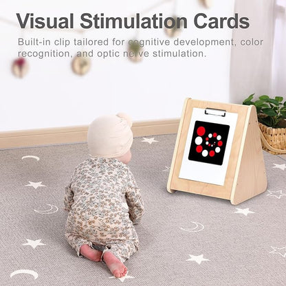 Baby Double-Sided Tummy Time Mirror w/ 2 Package High Contrast Visual Stimulation Cards, Sensory Activity Montessori Toys for 0-18+ Months Boys Girls