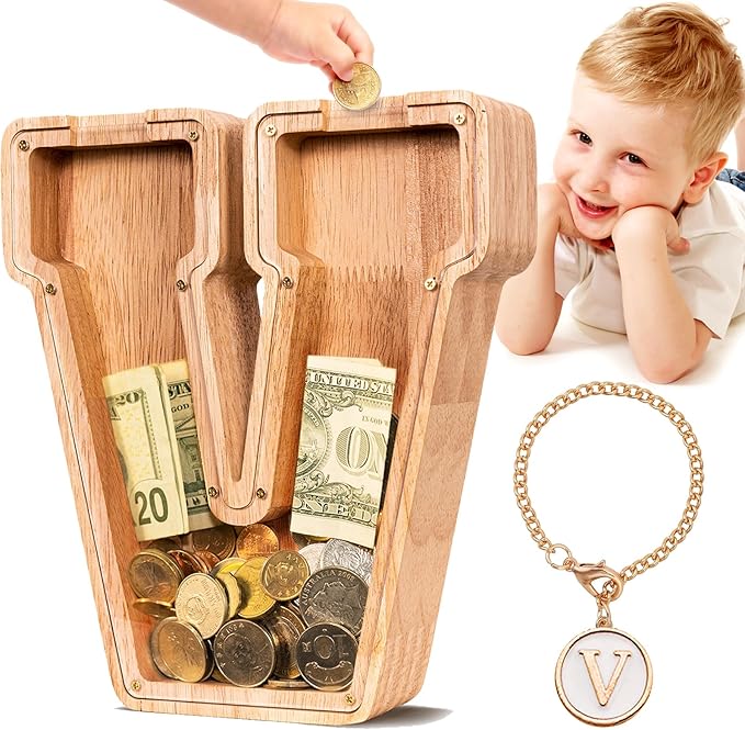 SummiDate Wooden Letter Piggy Bank| Piggy Bank for Boys Girls Toddler| Alphabet V Money Bank| Coin Bank Birthday Gift for Kids|Birthday Gift for Kids (V)