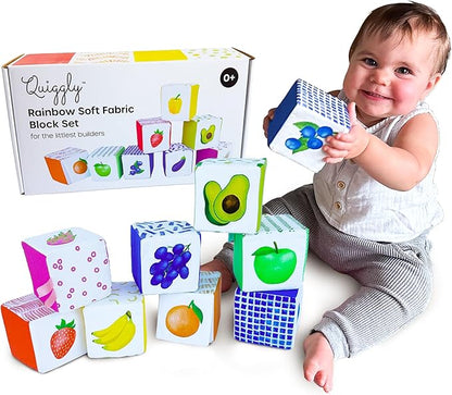 Quiggly Rainbow Soft Baby Blocks - 8 Colorful, Montessori Sensory Blocks for Babies & Toddlers- 100% Cotton, Non-Toxic Play Set with Rattle, Crinkle, Textures- Stacking Building Blocks for 3-12 Months
