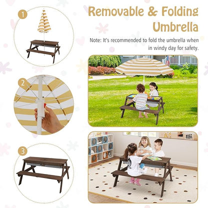 HONEY JOY Kids Picnic Table, 4 in 1 Cedar Wooden Sand & Water Table w/ 3 Removable Box & Umbrella, Kids Picnic Tables for Outdoors Backyard Garden, Toddler Patio Furniture Set for Boys Girls(Walnut)