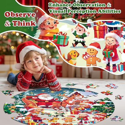 72 Pieces Shimmery Jumbo Christmas Floor Puzzle for Girls 3-5 4-6 Age Floor Puzzles for Boys and Girls Large Round Floor Jigsaw Puzzles (Christmas)