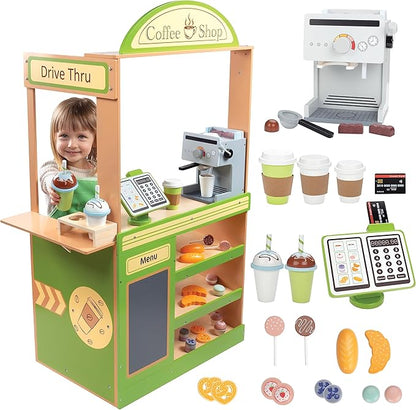 Pretend Coffee Shop Wooden Playset- Drive Thru Window Holiday Fun- Frappuccino, Straws, Espresso Maker, Bread, Pastries, Rotating Cash Register, Coffee Cups, Apron- 25+ Play Pieces Kids Xmas Gift
