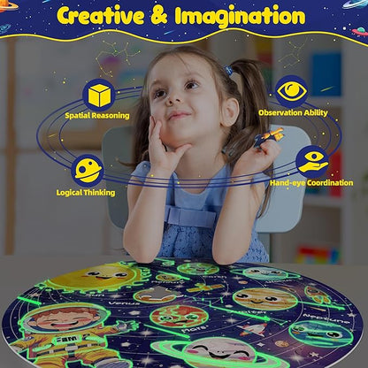ZIZZ Puzzle for Kids Ages 4-6: Glow in The Dark Solar System Jigsaw Puzzles 70 Piece Space Planets Large Floor Puzzle for Kids 3-10 Years Old Educational Toy Gift for Boys Girls Birthday Christmas