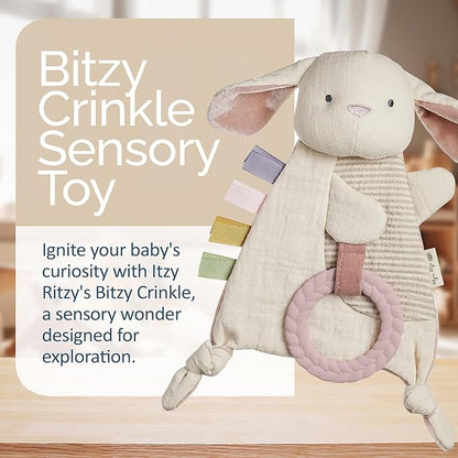 Itzy Ritzy - Bitzy Crinkle Sensory Toy Bunny with Crinkle Sound for Babies & Toddlers - Features Soft Braided Teething Ring & Textured Ribbons, Designed for Ages 0 Months and Up, Bunny