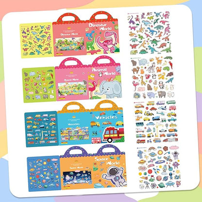 Jelly Sticker Books Reusable 4 Sets Sticker Pack Toddlers Toy 3-12 Years Baby Boy/ Girl Gift Essential, Airplane Baby Toy, Travel Essential Durable Skin-Friendly ( Animals, Dinosaurs, Space, Vehicles)