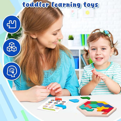 3 otters Wooden Puzzles for Kids, Educational Brain Teaser Game, Shape Sorting Board with Guide Book, Montessori Learning Toys