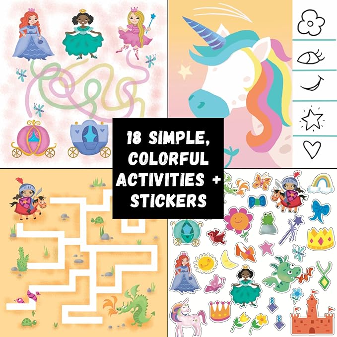 Totebook Kids Travel Educational Activity Book with Washable Markers - Car and Airplane Activities, Learning Toys for Toddlers- Reusable Stickers for Ages 4, 5, 6 (Princess & Extra Jungle Book)